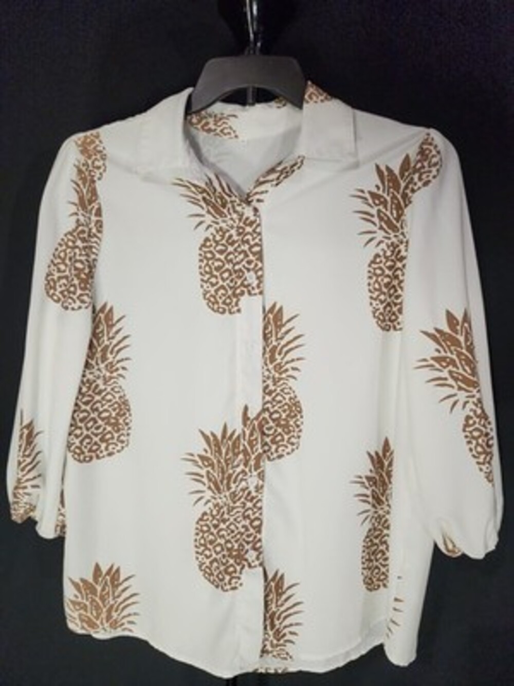 Gold Pineapple Patterned Blouse Womens S Vintage Tagless Polyester Summer 0146